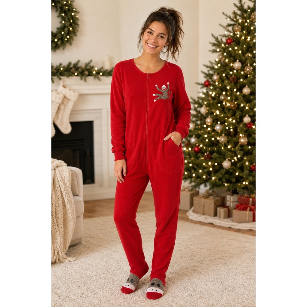 Nick & Nora Red Sock Monkey Fleece Footed Pajamas One Piece Y2K Small